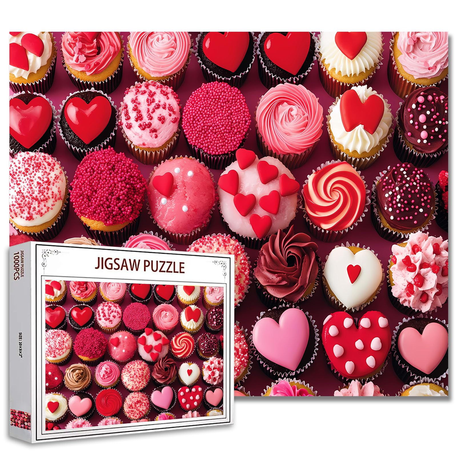 Vibrant Pink Red Cupcakes Jigsaw Puzzles 1000 Pieces for Adults, Colorful Valentine's Day for Lovers 20''x27''Inch Heart Love Cupcake Dessert Puzzle Art for Pink Dessert Puzzle Lovers — image 1