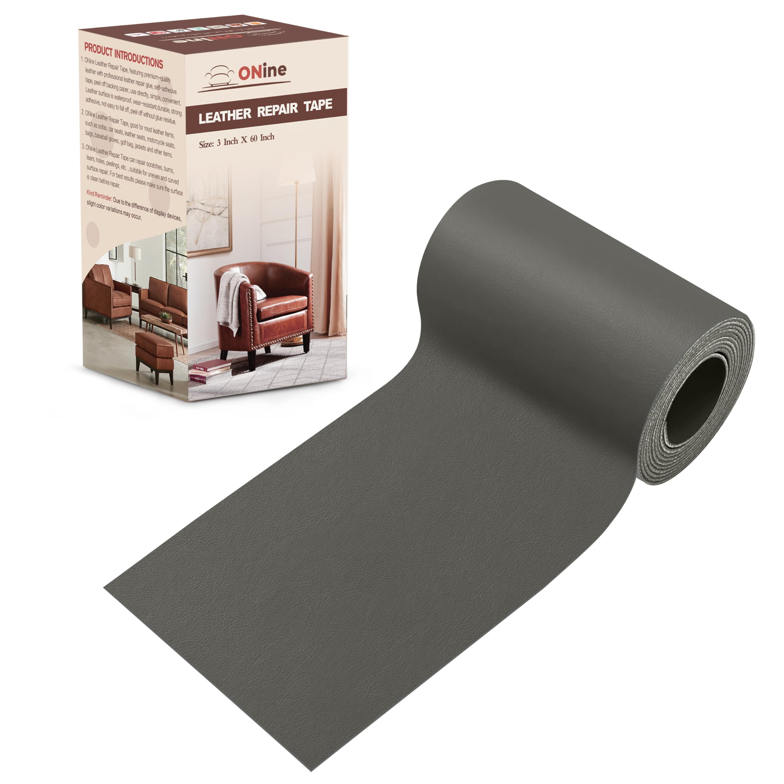 ONine Leather Repair Patch，Leather Repair Tape, 3 x 60 inches Leather Repair Patch for Furniture,Vinyl Repair Kit，Leather Couch Patch，for Sofas, Furniture, Car Seats, Office Chairs(Gray)