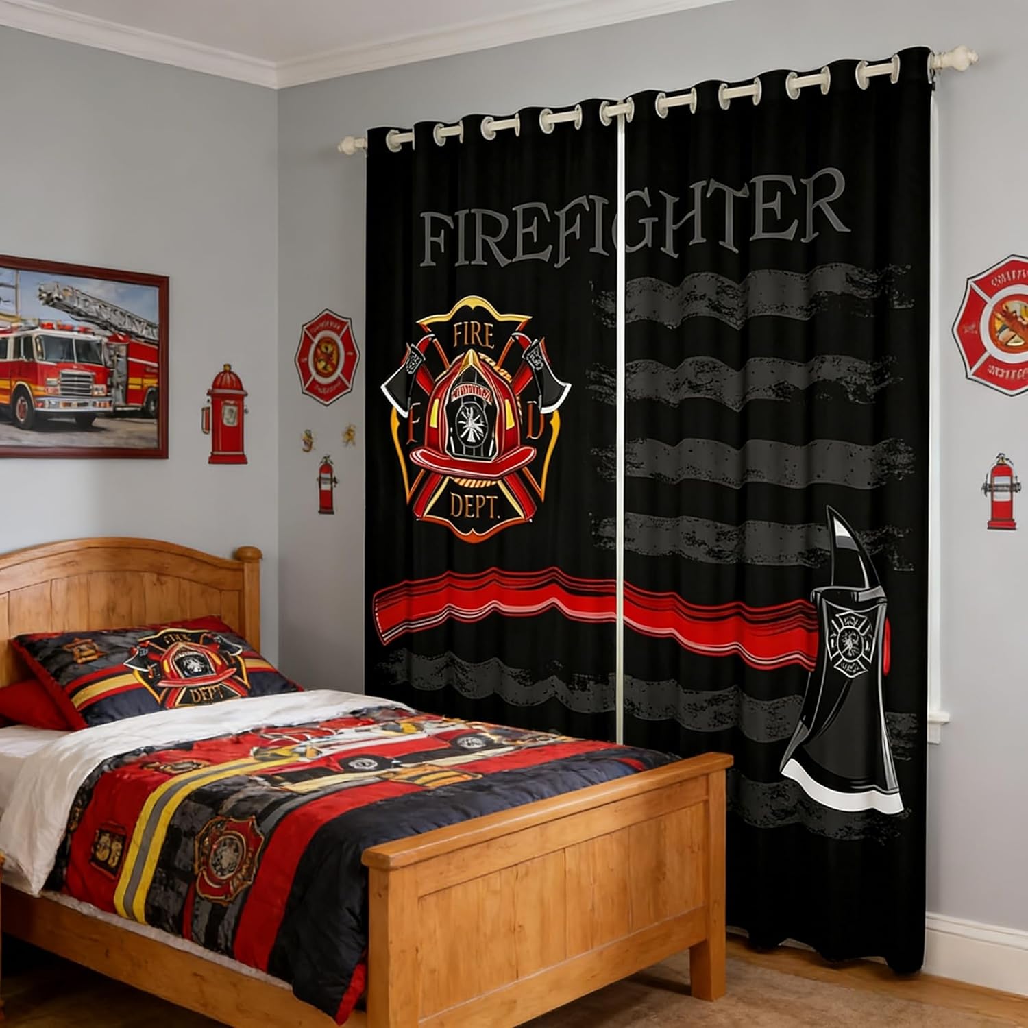 Firefighter Blackout Curtains,American Flag Geometric Stripes Window Drapes for Boys Girls Adults,Fire Fighting Truck Tools Red Black Fashion Window Treatments Grommet Top 2 Panel Set,52Wx84L inch