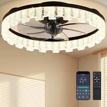 Ceiling Fans with Lights and Remote Fandelier - Black Crystal 20 Flush Mount Low Profile Modern Ceiling Fans for Bedroom - Stepless Color Temperature and 6 Speeds