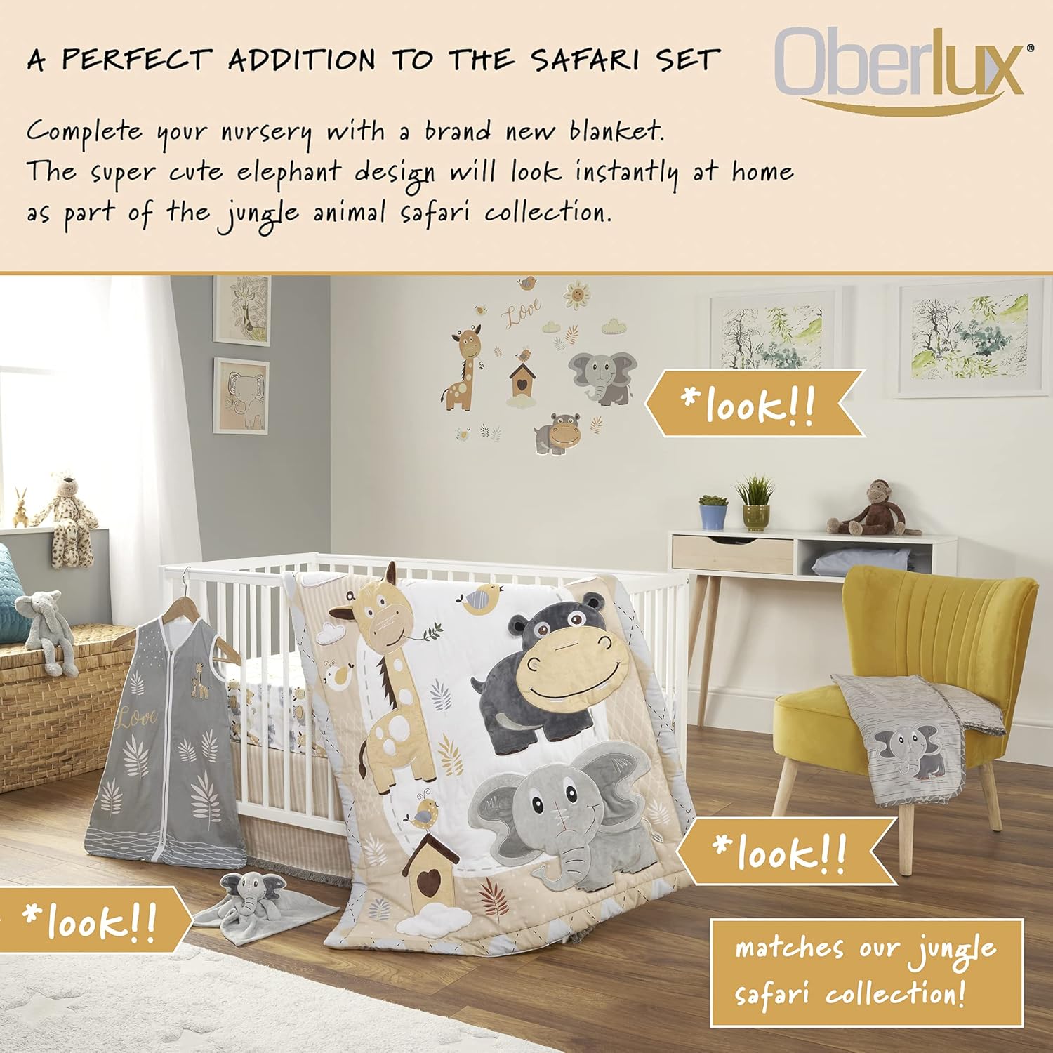 Minky Baby Blanket for Baby Boy and Baby Girl. Super Soft Elephant Blanket, Part of Jungle Animal Safari Nursery Collection by Oberlux. Gray / Multicoloured, 30x40 Inches. : Baby