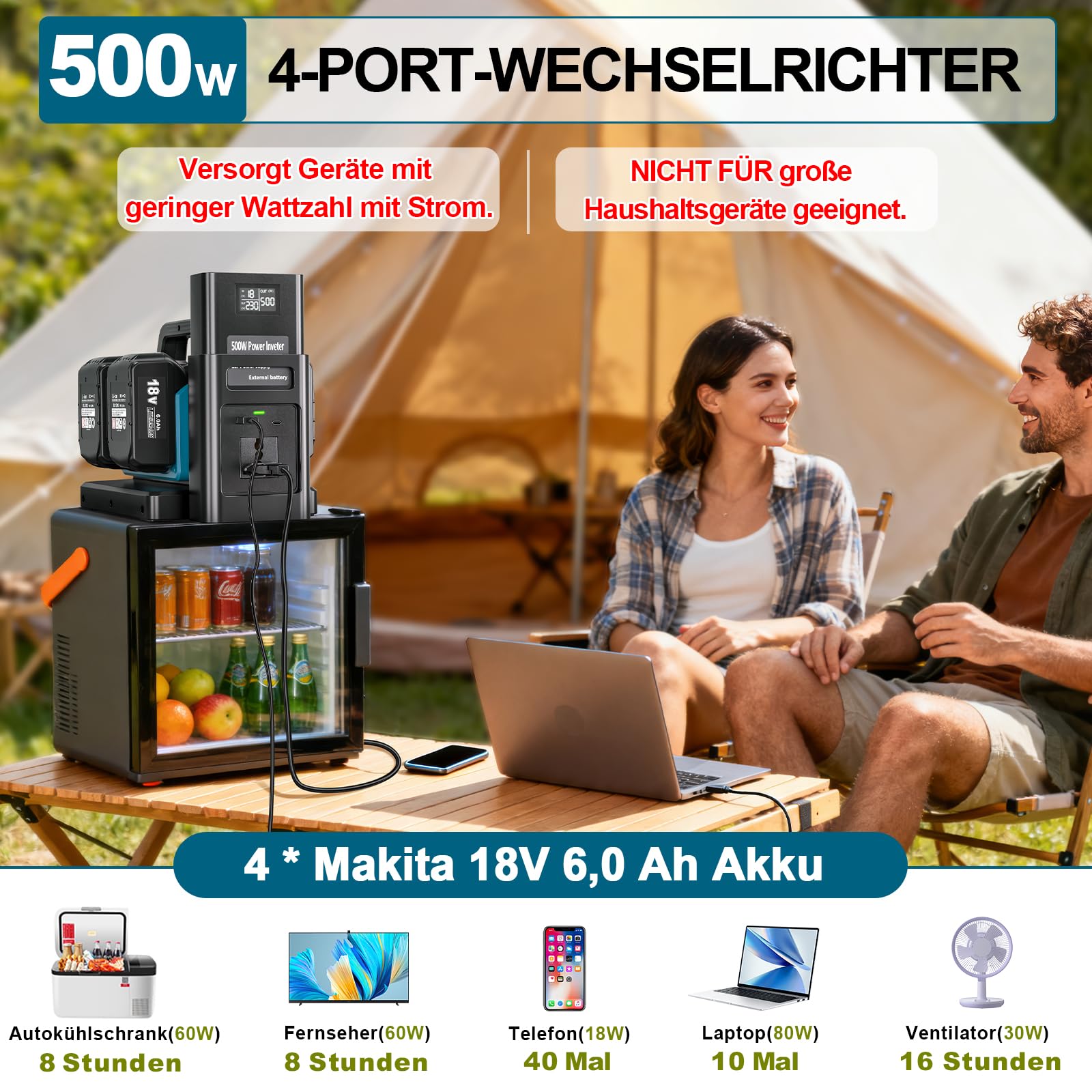 Inverter da 500 W per batteria MT 18 V, DC 18 V a AC 230 V, convertitore di tensione sinusoidale puro, 4 porte con connettore USB-A e USB-C per camper, campeggio