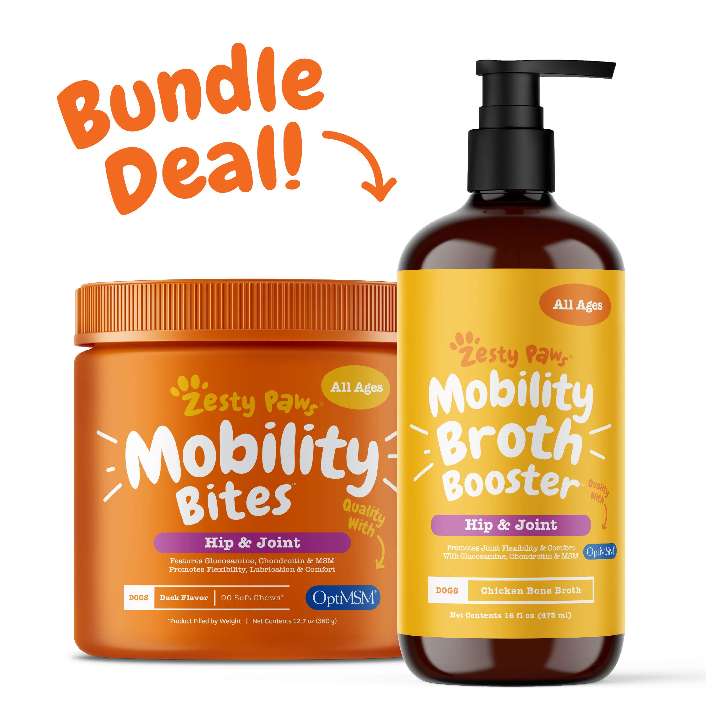 Zesty Paws Mobility Soft Chews & Broth Bundle – Natural Hip, Joint & Cartilage Support for Dogs - with Glucosamine, Chondroitin, Curcumin & MSM