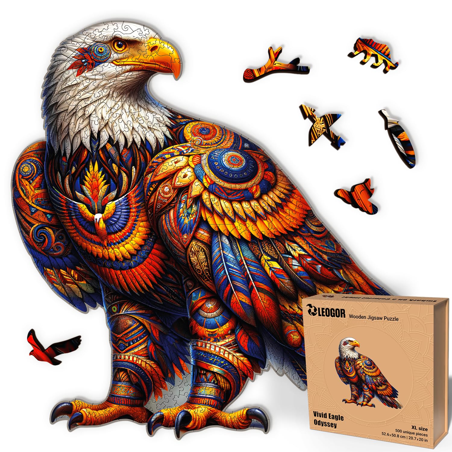 LEOGOR Wooden Jigsaw Puzzles for Adults 500 Pieces (20.7 x 20 in), Bald Eagle Puzzle, Extra-Thick 5mm Wood, Large Wooden Bird Puzzles with Whimsical