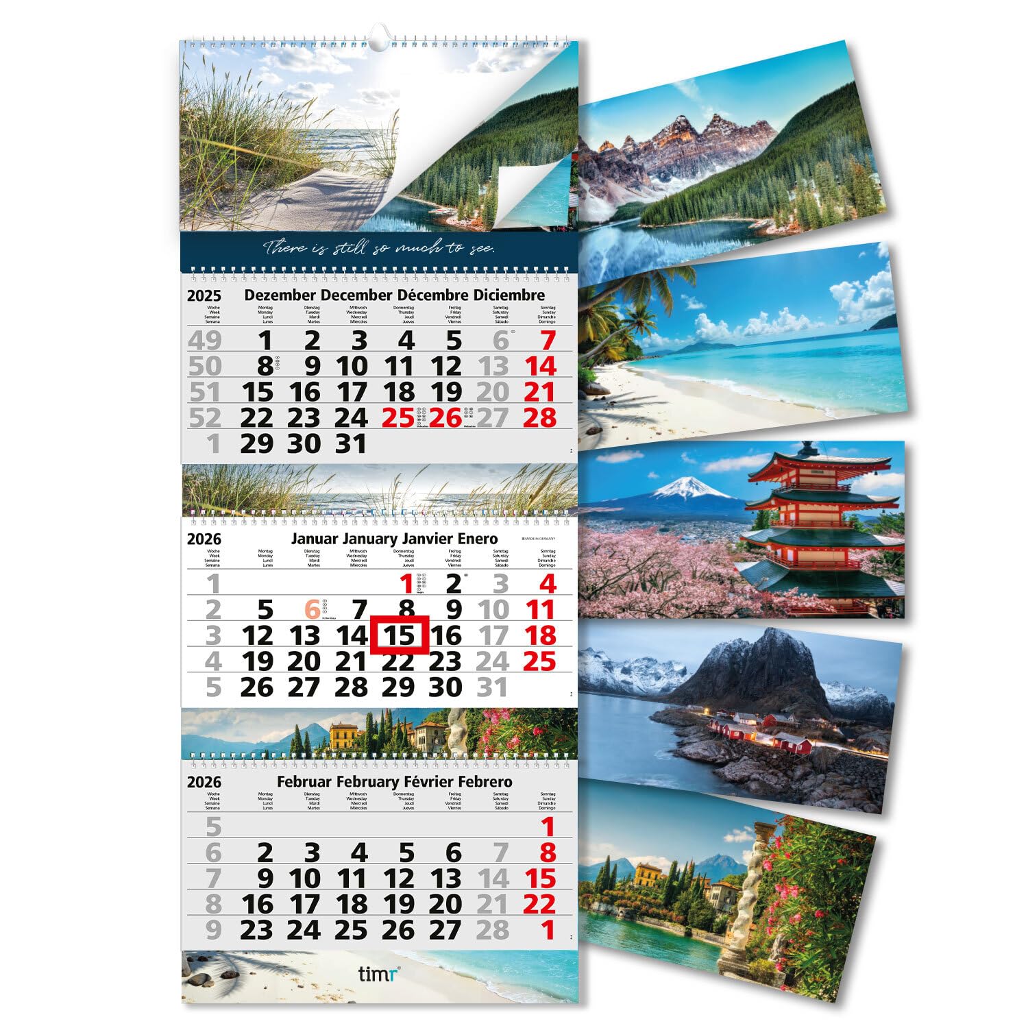 Calendrier De Bureau 2026 - Vue 3 Mois - Curseur Rouge - Design Caraïbes - Lot De 3 - Fabriqué En Allemagne