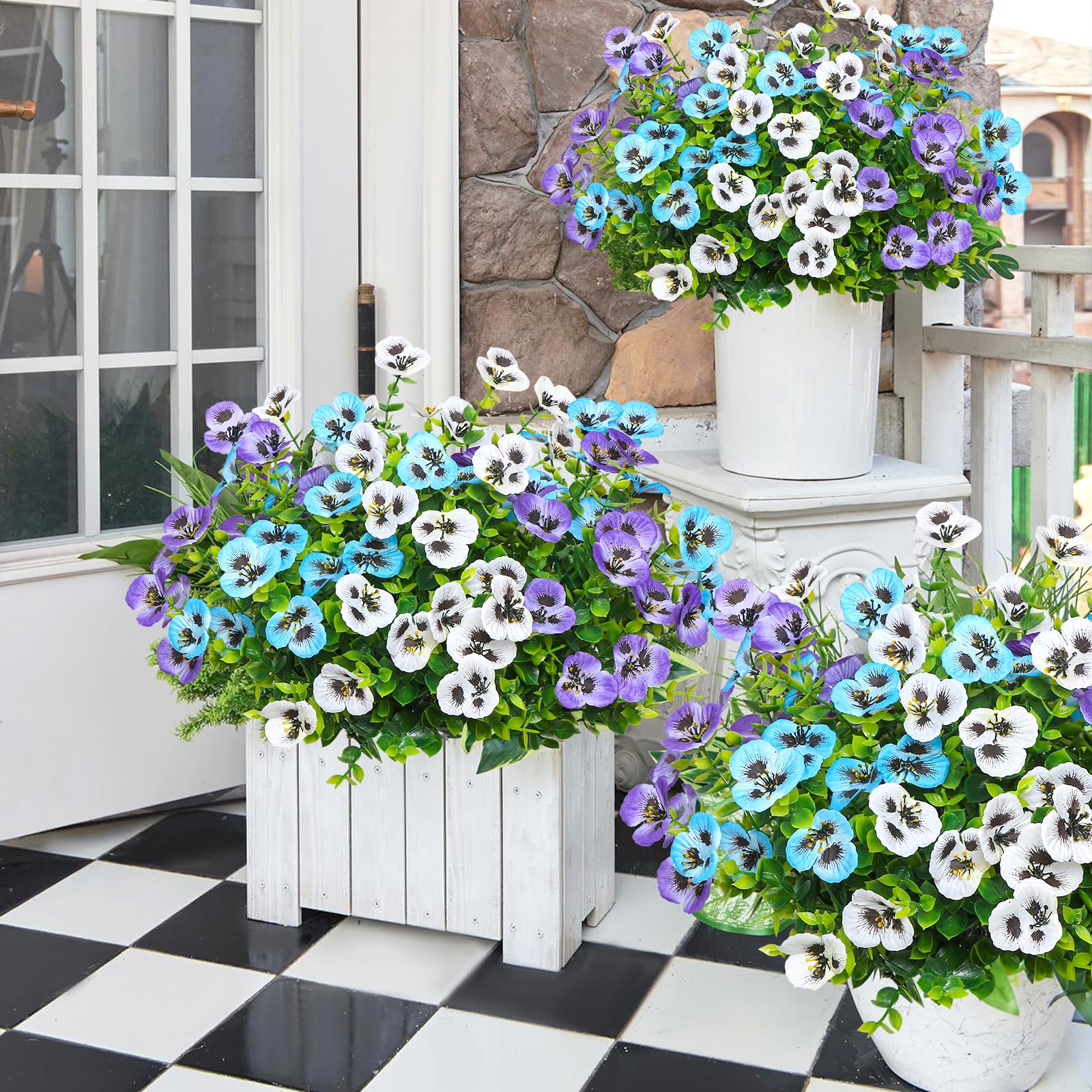 9 Mazzetti Di Fiori Artificiali Viola Del Pensiero 3 Colori (Viola, Blu, Bianco) – Piante Finte In Plastica Resistente Ai Raggi UV Per Esterni, 35 Cm