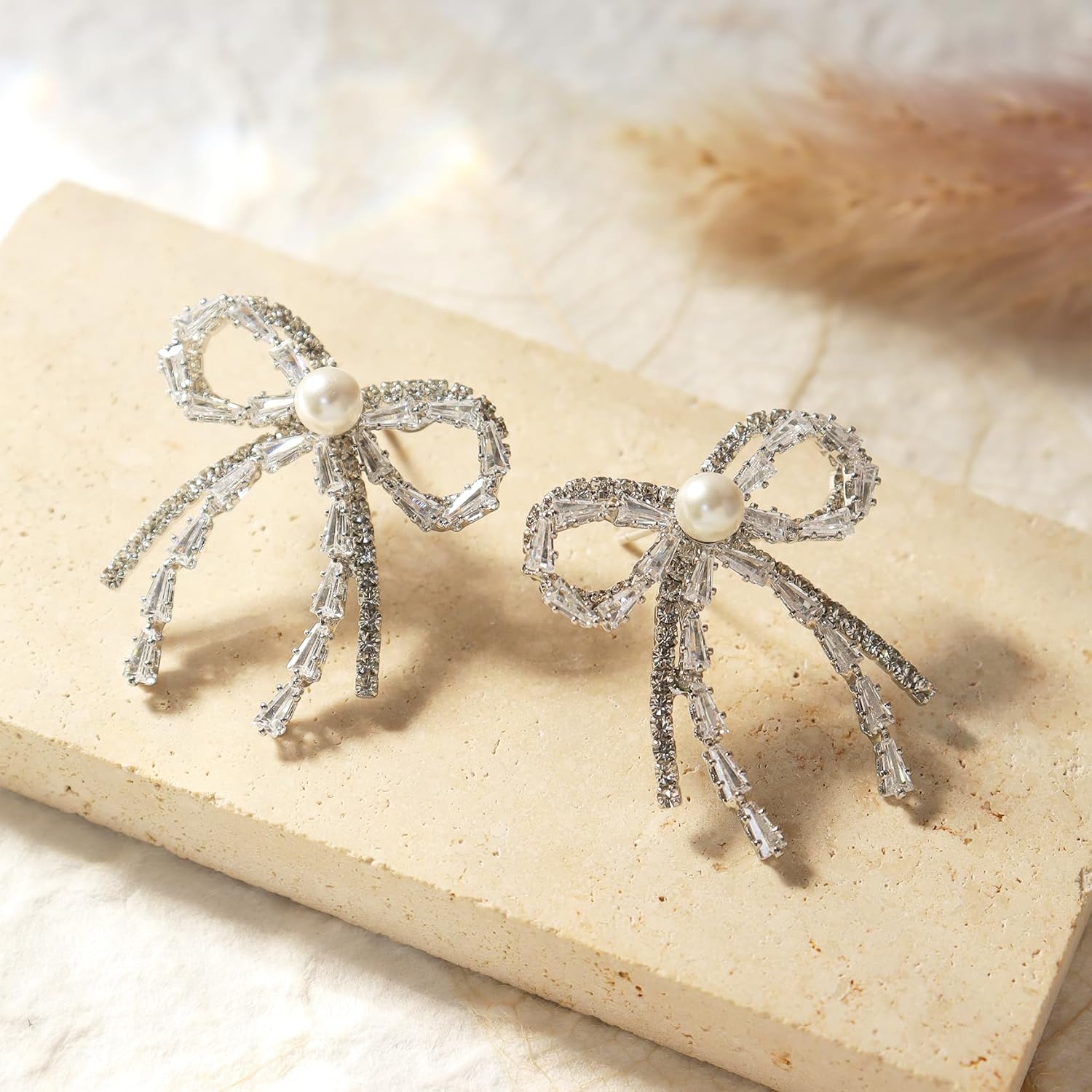 Dainty Rhinestone Pearl Bow Stud Earrings for Women, Statement Fashion Cubic Zirconia Earing Bridal Wedding Prom Gewelry Gift - Image 5