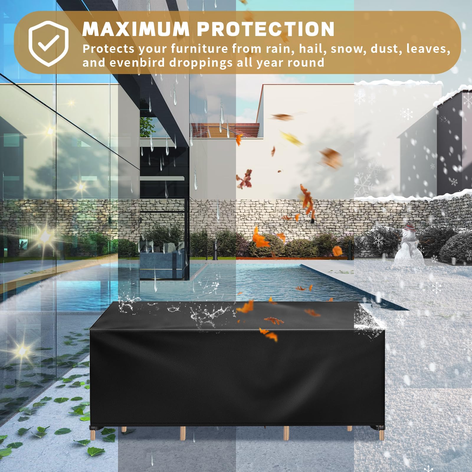 HNKDKJ Housse Table de Jardin 350 x 150 x 90cm/Longueur x Largeur x Hauteur Bâche Table Jardin Imperméable et au Vent Anti-UV 420D Tissu Oxford，Protection du Mobilier de Piscine Carré/Rectangulaire