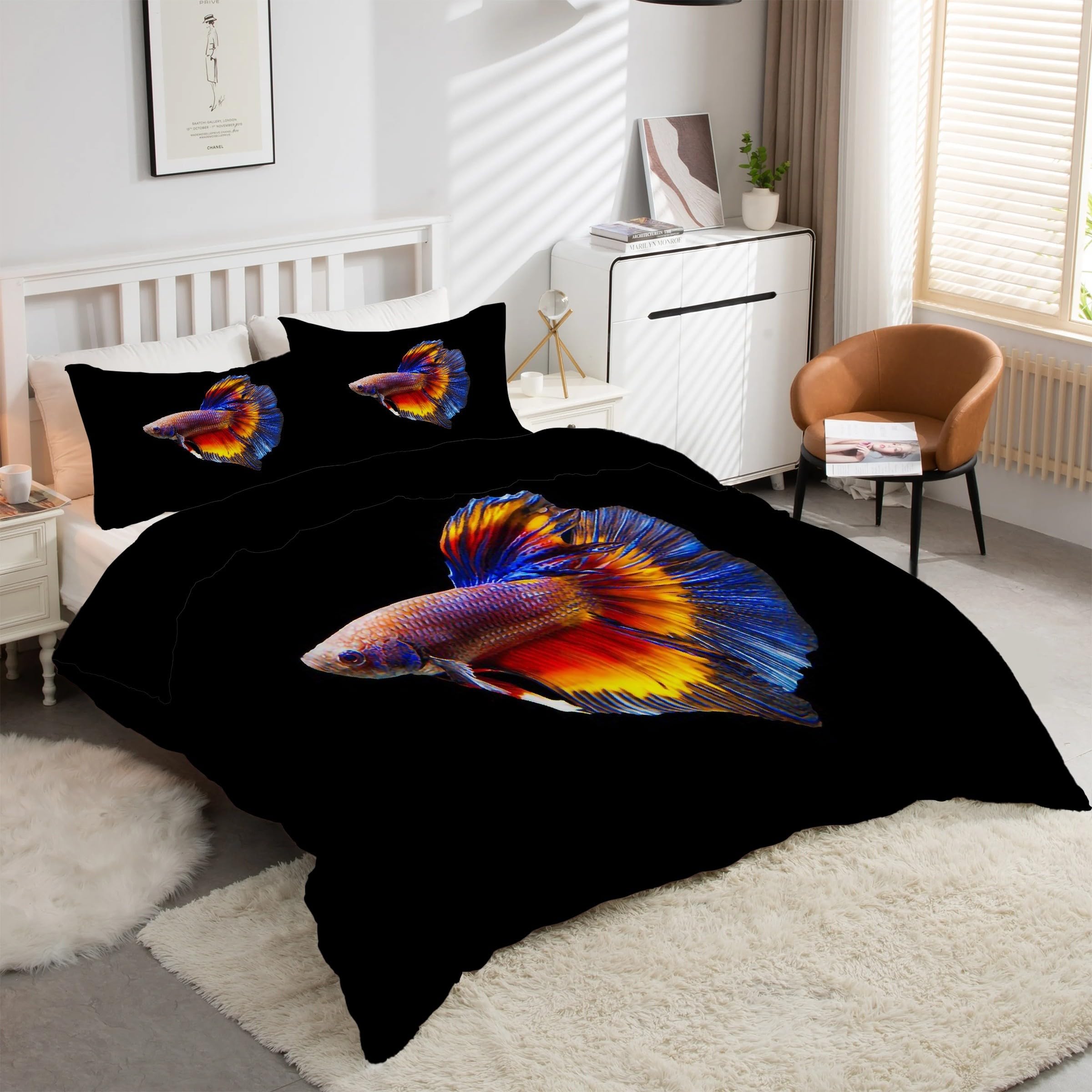 Lit poisson combattant bleu 220x240 pour une chambre zen et moderne