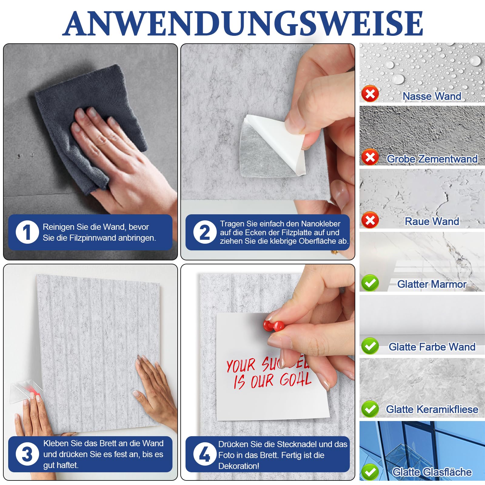 Große Filz Pinnwand Selbstklebend,12 Stück 30x30cm Korkwand Filz-Wandpaneele Dekorative Pinnwand Tack Board für Zuhause, Schule, Bürowände
