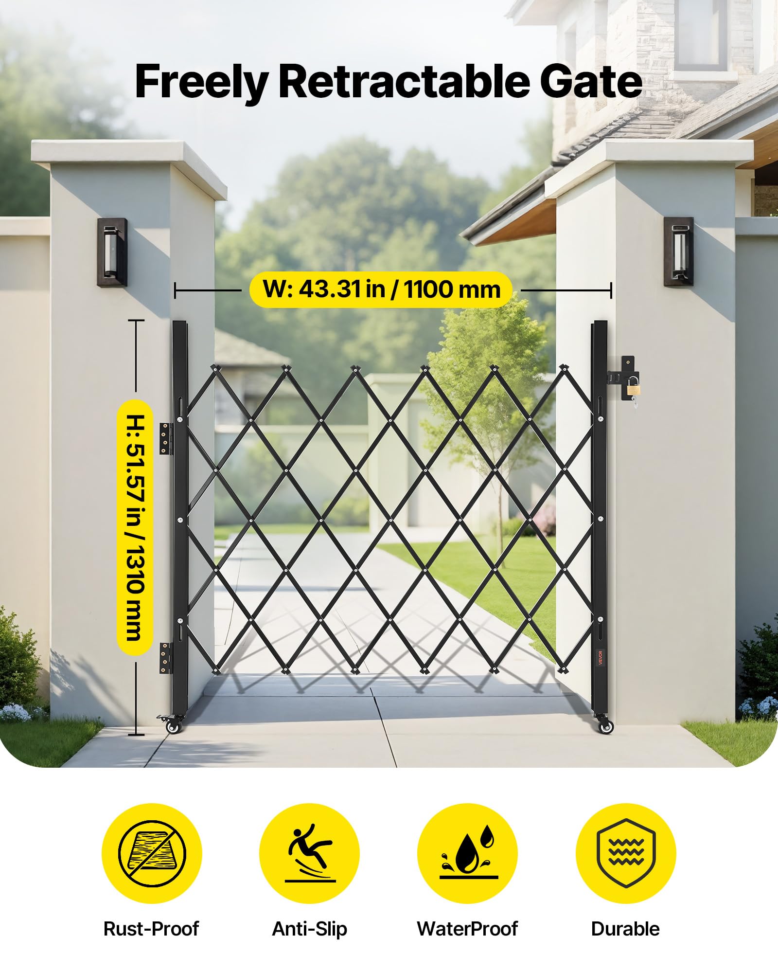 VEVOR Cancello di Sicurezza Pieghevole Singolo 1100 x 1310 mm Cancello a Forbice Bloccabile in Acciaio per Esterni, con Ruote Girevoli a 360° per Sicurezza di Ingressi, Garage, Magazzini e Piscine