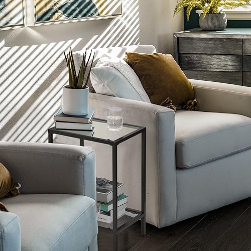 Miniatura 4 de Juego de 2 mesas auxiliares, mesas auxiliares con vidrio templado, mesitas de noche de 2 niveles con estantes de almacenamiento, mesa de centro con