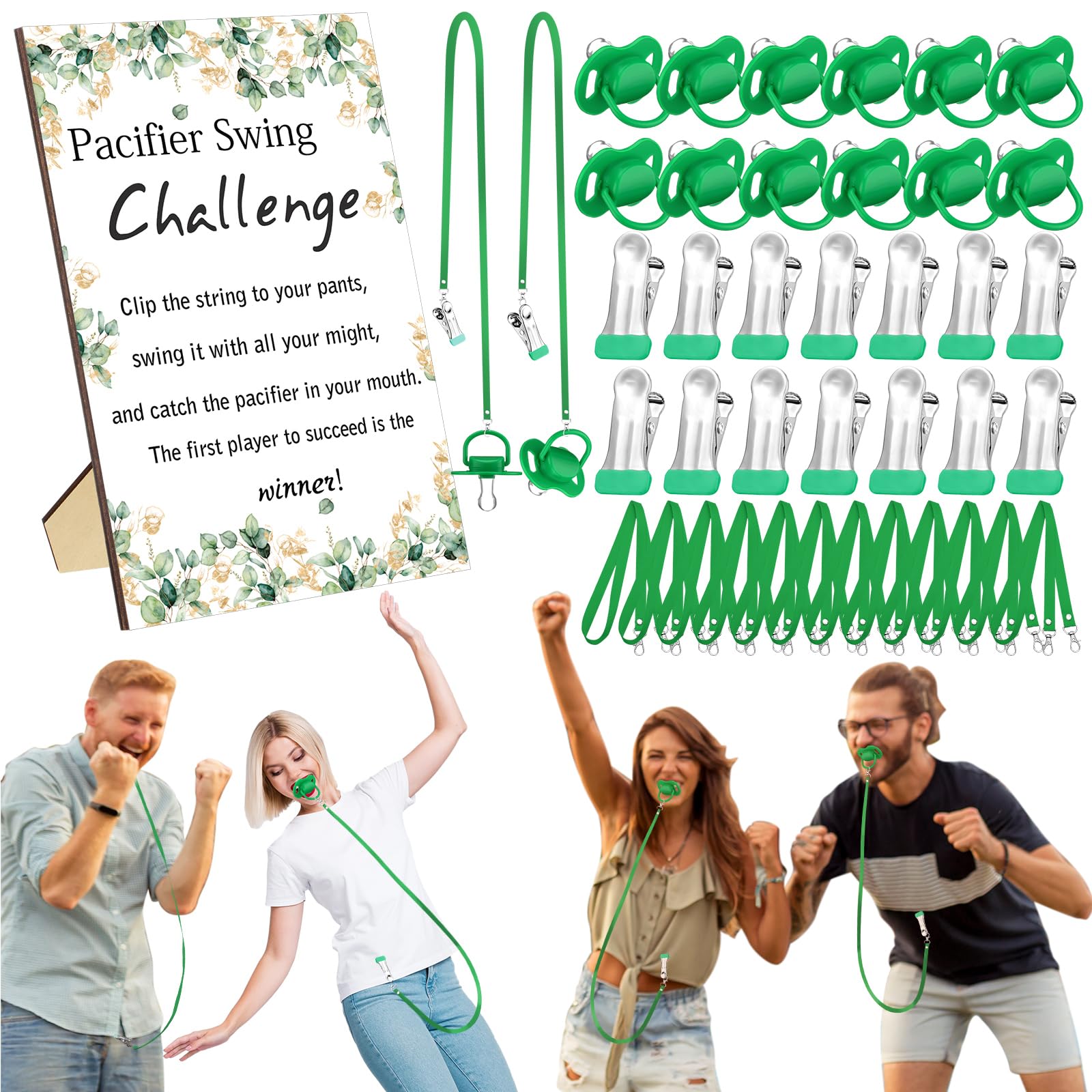 View 1 of Geelin 12 Sets Swing Pacifier Baby Shower Games Funny Gender Reveal Games, Include 1 Wooden Sign and 12 Plastic Pacifiers for Bridal Baby Shower Gender Reveal Party Women Men(Eucalyptus,Greenery)