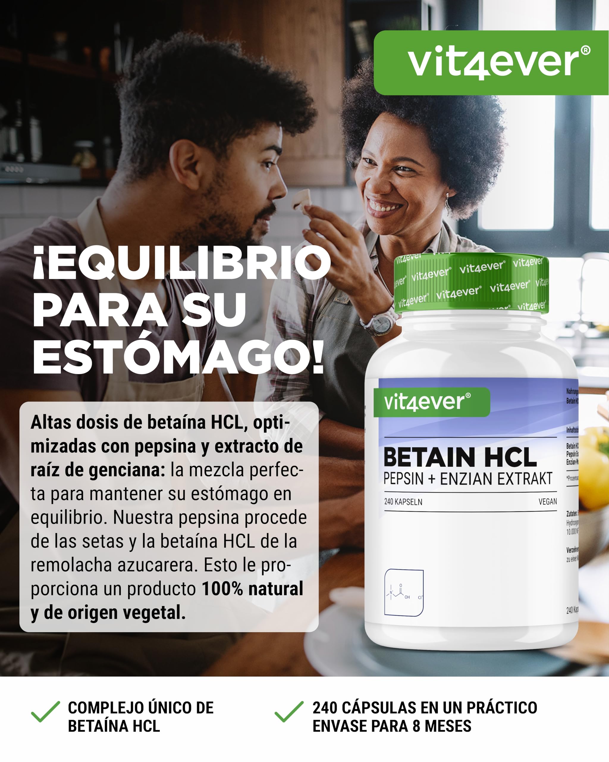 Betain HCL - 240 cápsulas con 650 mg Betaína HCL - Premium: Con pepsina y genciana amarga - Enzimas digestivas de amplio espectro - Alta dosis - Vegano