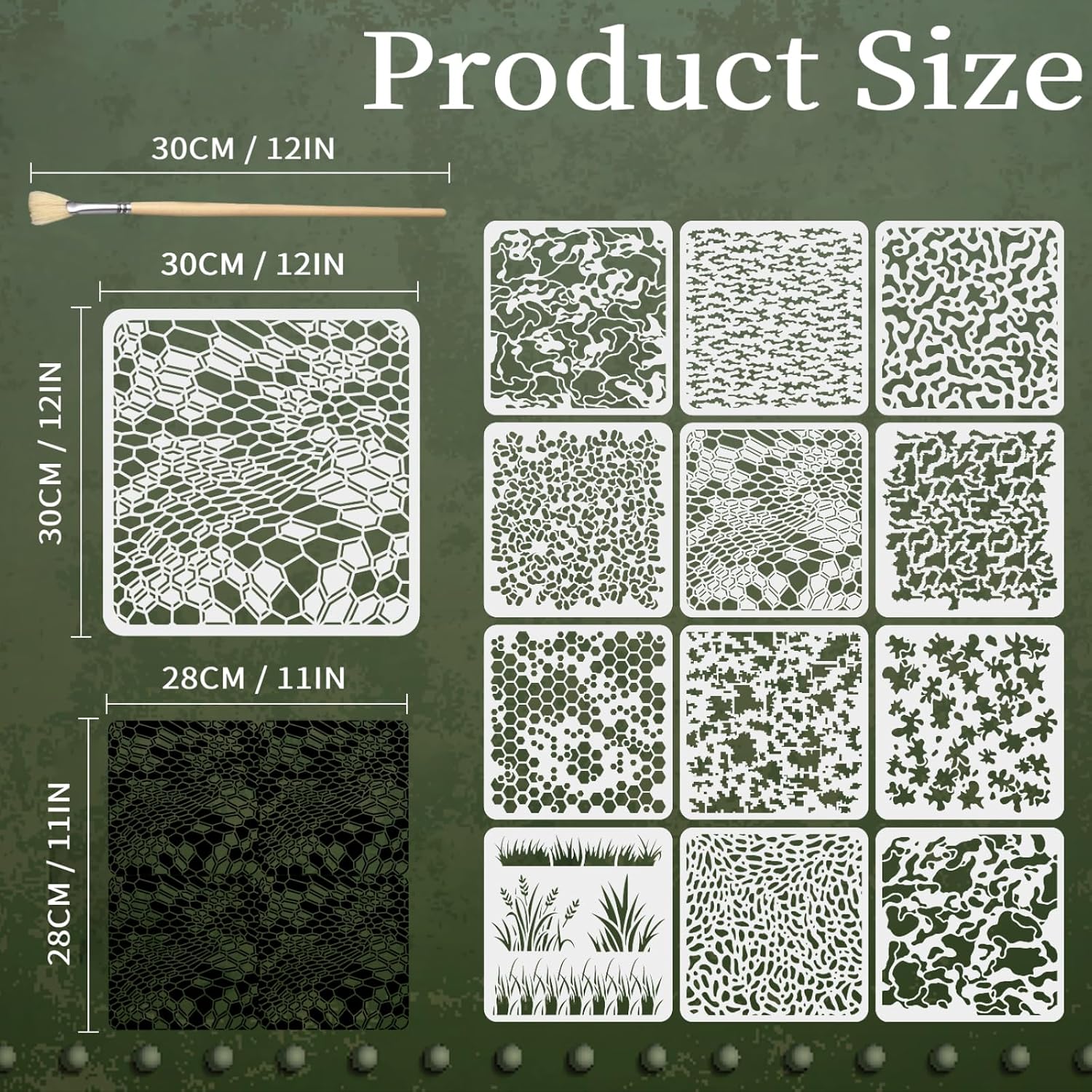 12PCS Camo Stencils for Spray Paint 12 x 12 Inch Camouflage Stencils with Brushes Grass Pattern Stencil Reusable Camo Paint Stencil for Paper Fabric Furniture Wall