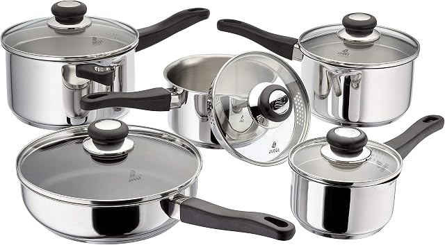 Judge Vista Draining J3C2A Set of 5 Stainless Steel Pans, 14cm, 16cm, 18cm & 20cm Saucepans with Pouring Lip and Strainer Lids and 24cm Saute Pan, Induction Ready, Oven Safe, 25 Year Guarantee