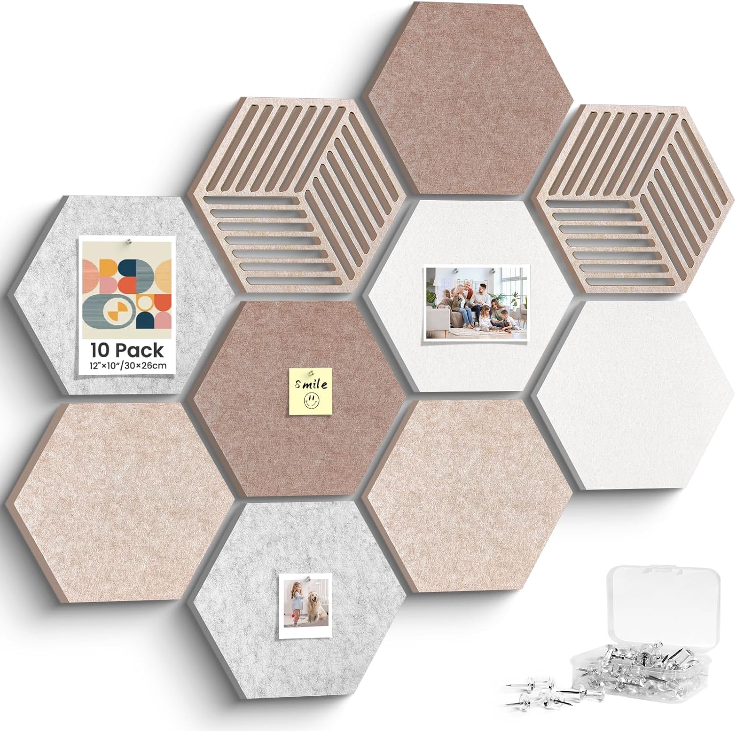 Hexagon Cork Bulletin Boards for Walls Decor, 10 Pack Felt Board Tiles with 25 Push Pins, Photo Display Board for Office & Home Classroom DIY Decor