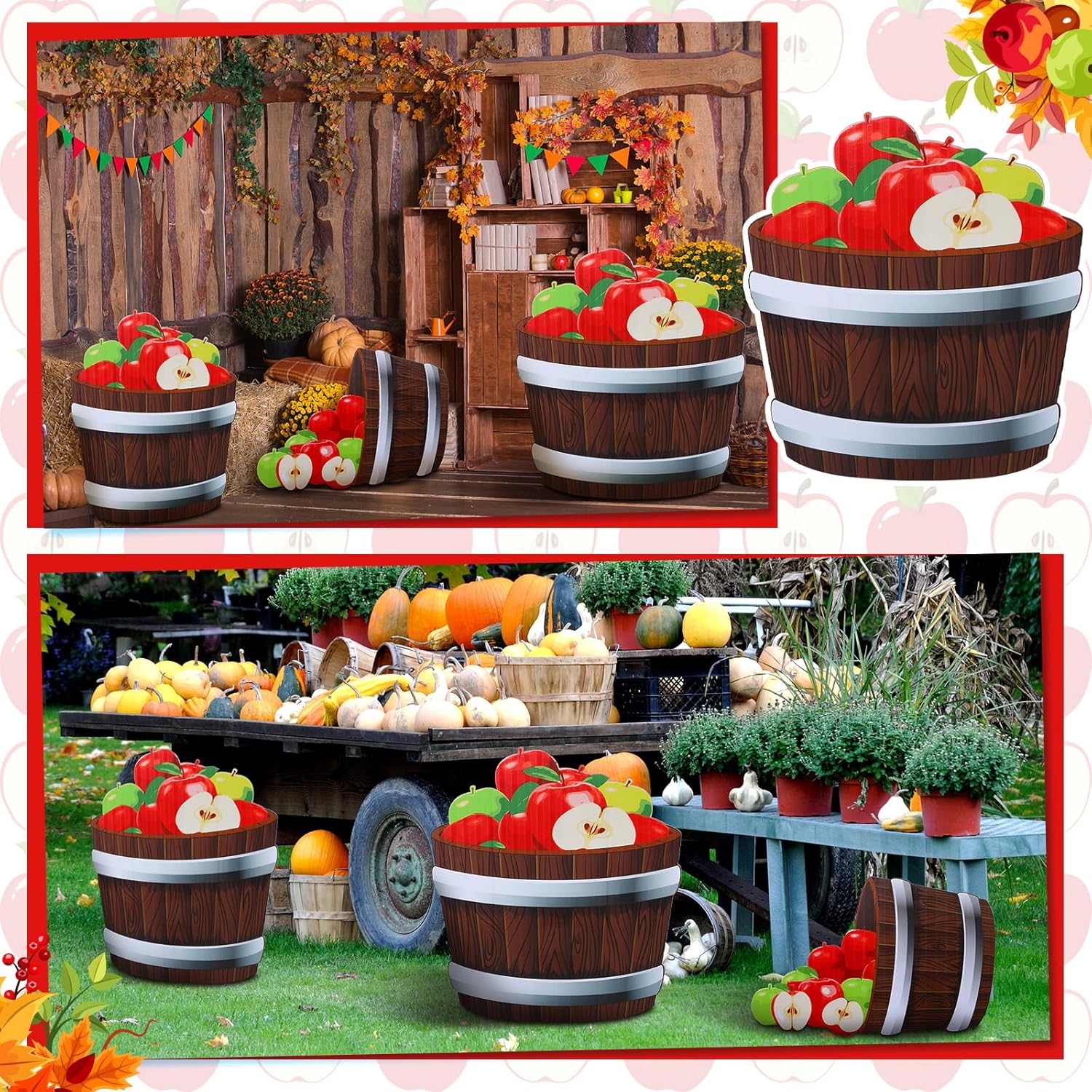 3 Pcs 20"-26" Fall Thanksgiving Harvest Theme Decoration Rustic Apple Orchard Cardboard Cutout Stand-up Set Autumn Farmhouse Apple Barrels Stand-ups Photo Booth Props for Party Supplies