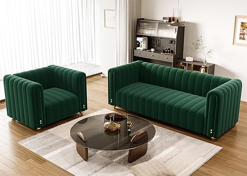 Miniatura 7 de Sofá moderno de terciopelo verde de 81.3 pulgadas, asiento profundo de mediados de siglo, sofá biplaza de 3 plazas de gran tamaño, cómodo sofá para