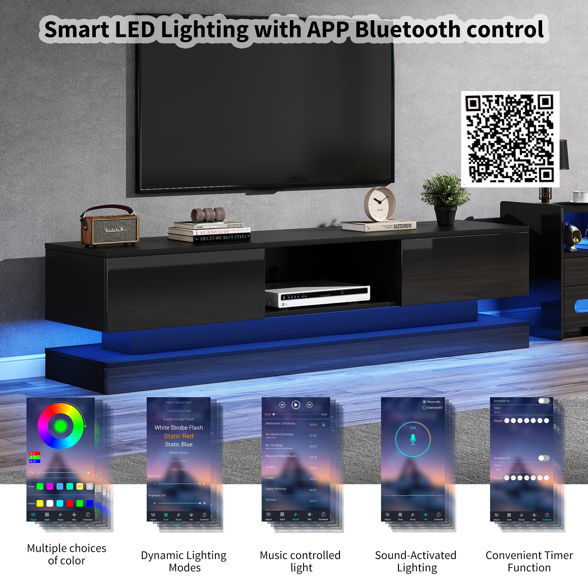OKMYHOME - Mueble de TV con LED y 2 cajones, frontal brillante, panel de partículas, 160 x 35 x 40,5 cm, color negro