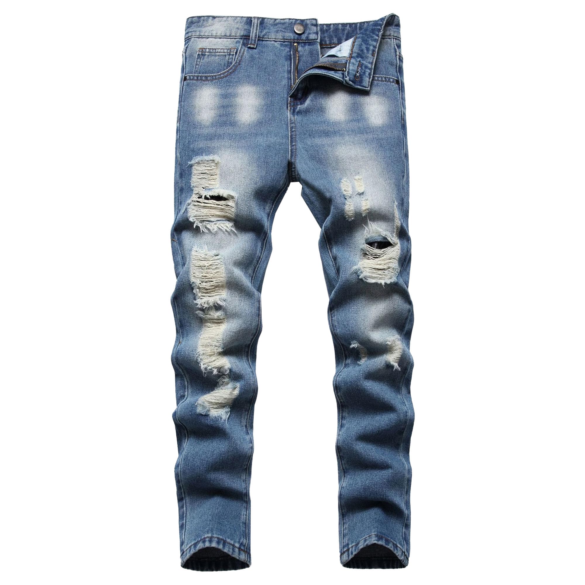 Mens Skinny Fit Ripped Destroyed Jean Distressed Slim Jeans Pants Straight Fit Washed Denim Pants