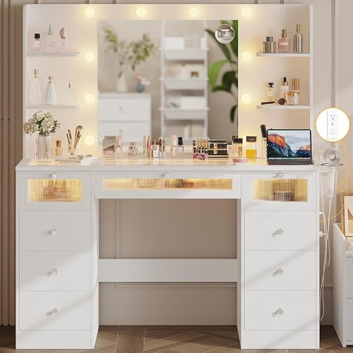 Makeup Vanity Desk with LED Lights and Large 23.5’’ Mirror, 9 Drawers Vanity with Glass Top & 3 Color Hollywood Bulbs, Make Up Vanity with Charging Station & Crystal Knobs for Woman, White