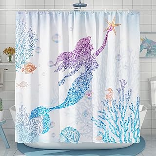 DESIHOM Cute Mermaid Shower Curtain Set, Glitter Fish Scale Girls Shower Curtains for Bathroom Kids Bathroom Decor Polyester Fabric-72