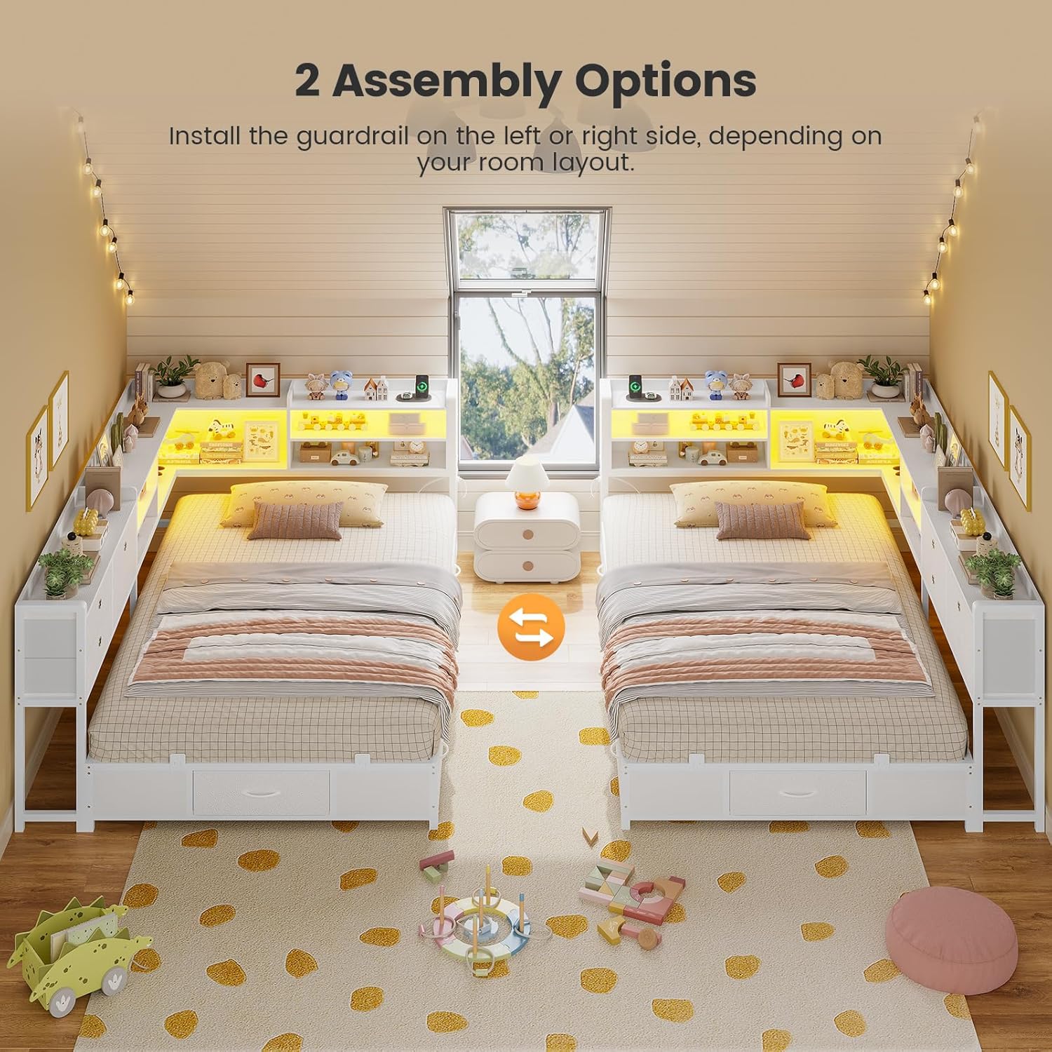 BTHFST Corner Bed Frame with Charging Station & Led Lights, Twin Bed Frame with 8 Storage Drawers & Bookcase, Twin Daybed with Storage Headboard for Kids Guests, White