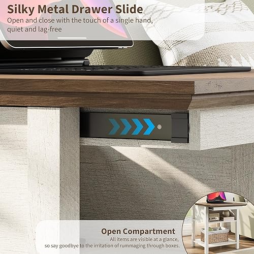 Miniatura 4 de Rresyet Mesa auxiliar deslizante con estación de carga y almacenamiento de 2 niveles, mesa auxiliar de granja, mesita de noche de madera para