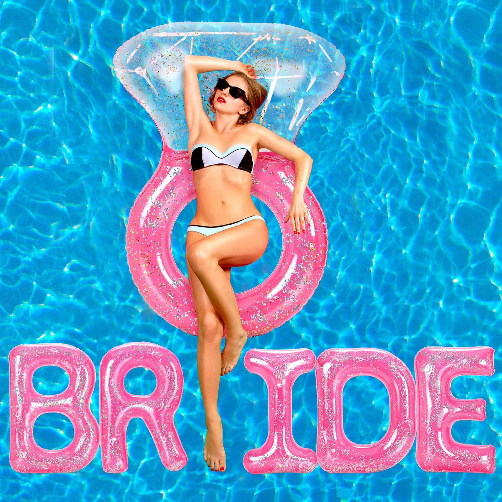 Sumind Bride Bachelorette Pool Floats 61 Inch Diamond Ring Float and 5 Inflatable Bride Letter Pool Pink Engagement Ring Floatie Stagette Decor for