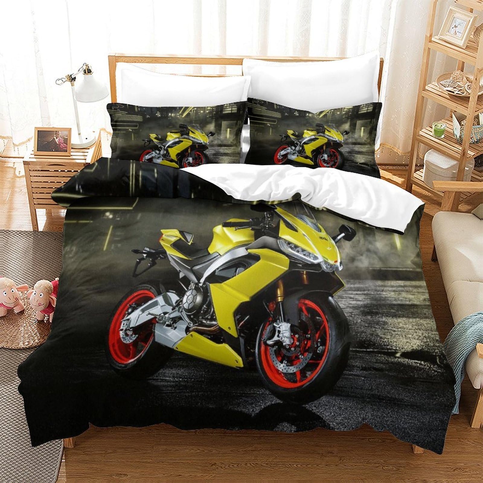 XiaopangXY Motorbike Pattern Bedding Set 3D Printed Motorcycle Quilt Cover with Zipper Closure Comforter Cover with Pillowcase King（220x240cm） Duvet Cover for Kids & Adults 3 Pieces