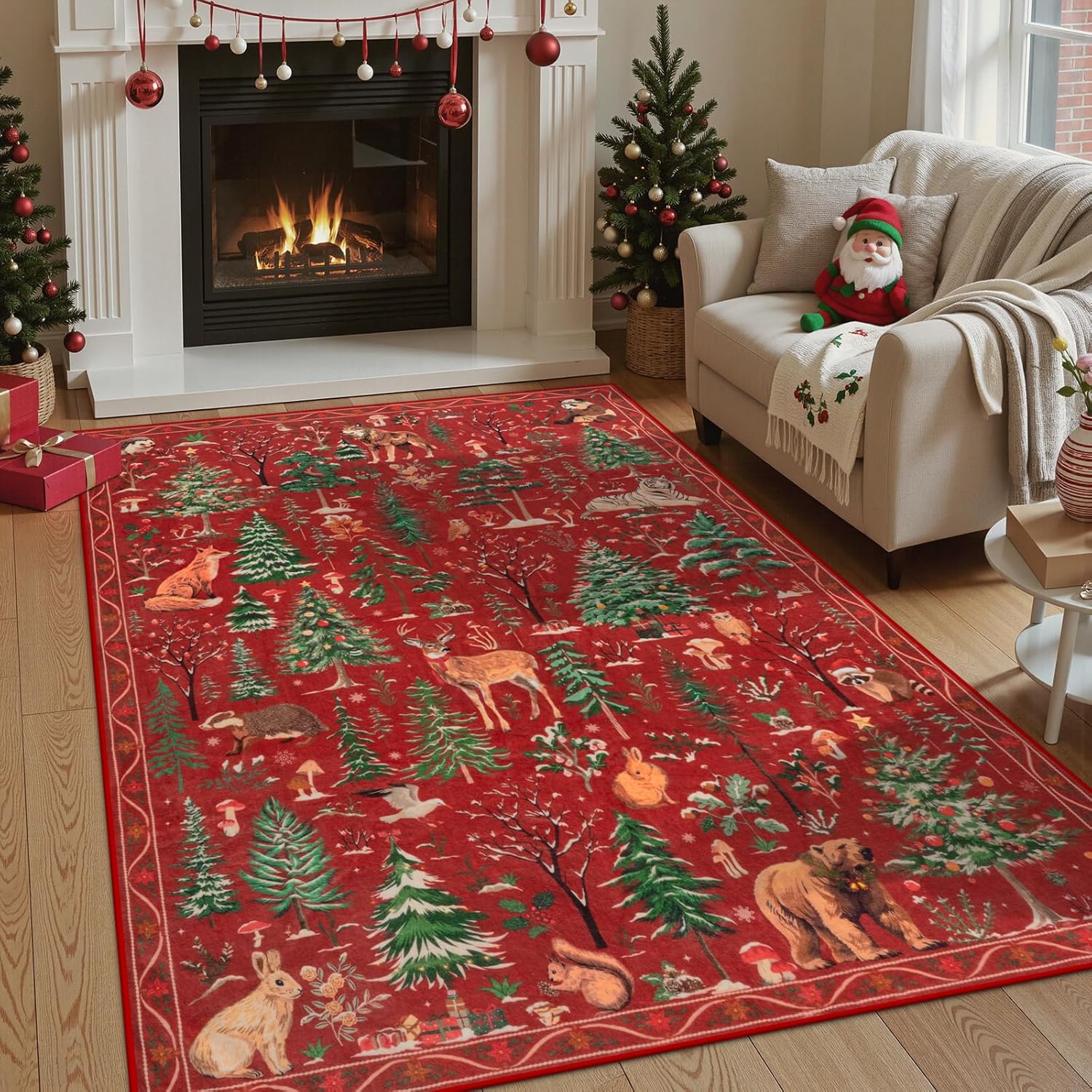 OJIA Christmas Rugs 5x7 Washable Rugs for Living Room, Xmas Red Holiday Rug Soft Animal Bedroom Carpet Ultra-Thin Entryway Rug, Non-Slip Throw Carpet for Kids Nursery Playroom Dining Room 5' x 7' (Rectangular) Festive Red