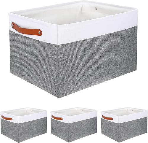 Paquete de 4 contenedores de almacenamiento de gran capacidad para estantes, cestas de almacenamiento de armario de tela, cajas con asas de cuero