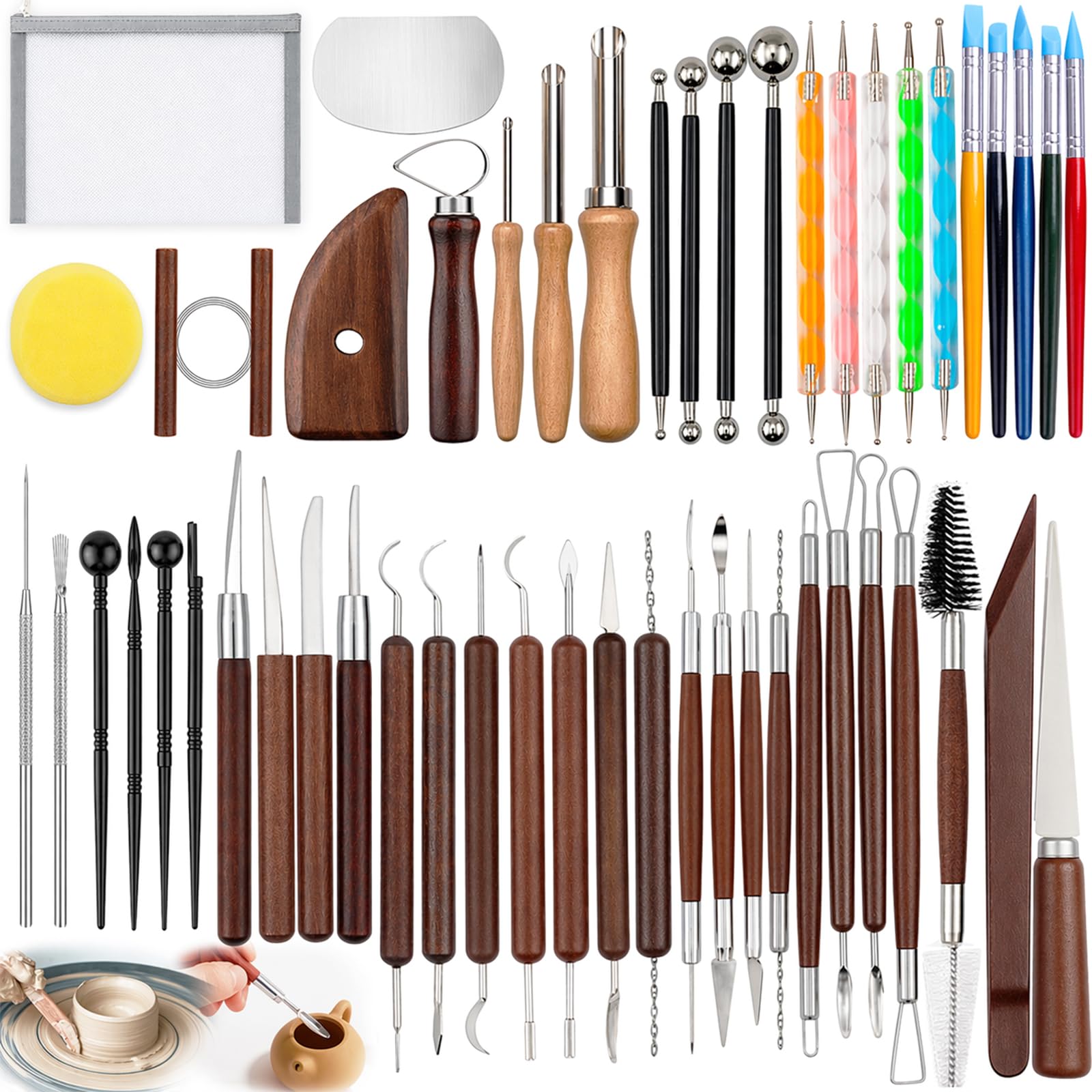50PCS Clay Sculpting Tools Kit with Storage Bag, Pottery Sculpting Tools for Adult Beginners, Clay Modeling Tool Carving Kit for Pottery, Dotting, Molding, Shaping, Detailing (Redwood)