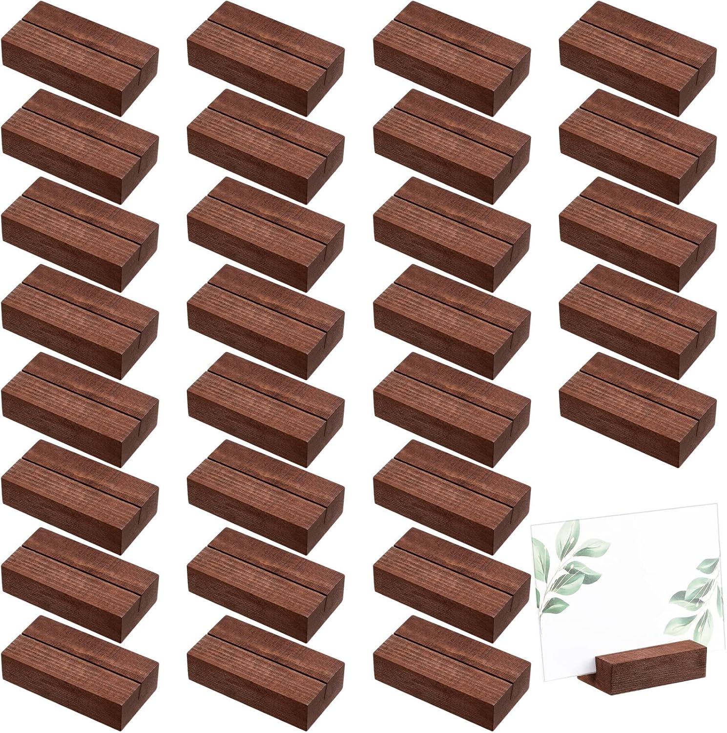 Blosssound 24 Pcs Wood Place Card Holders Black Wooden Table Number Holder Stands Name Card for Wedding Party Events Exhibition Decoration Office Restaurant Business(Brown,3 x 1.6 x 0.8 Inches)