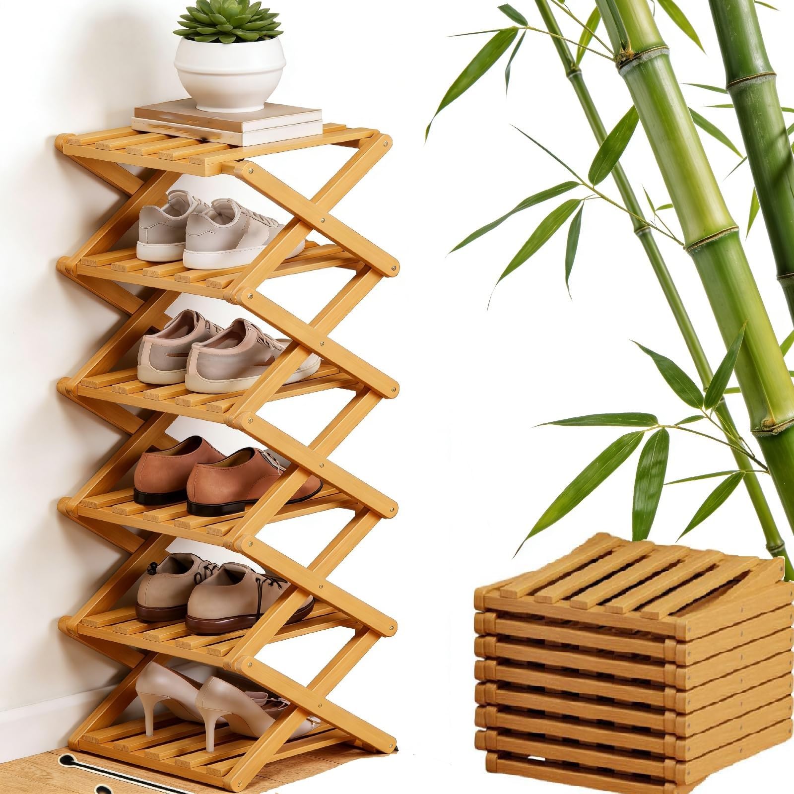 FSLXZPKJ 9-Tier No-Assembly Bamboo Shoe Rack - Foldable Vertical Storage Organizer for Entryway and Closet Light Luxury Appeal