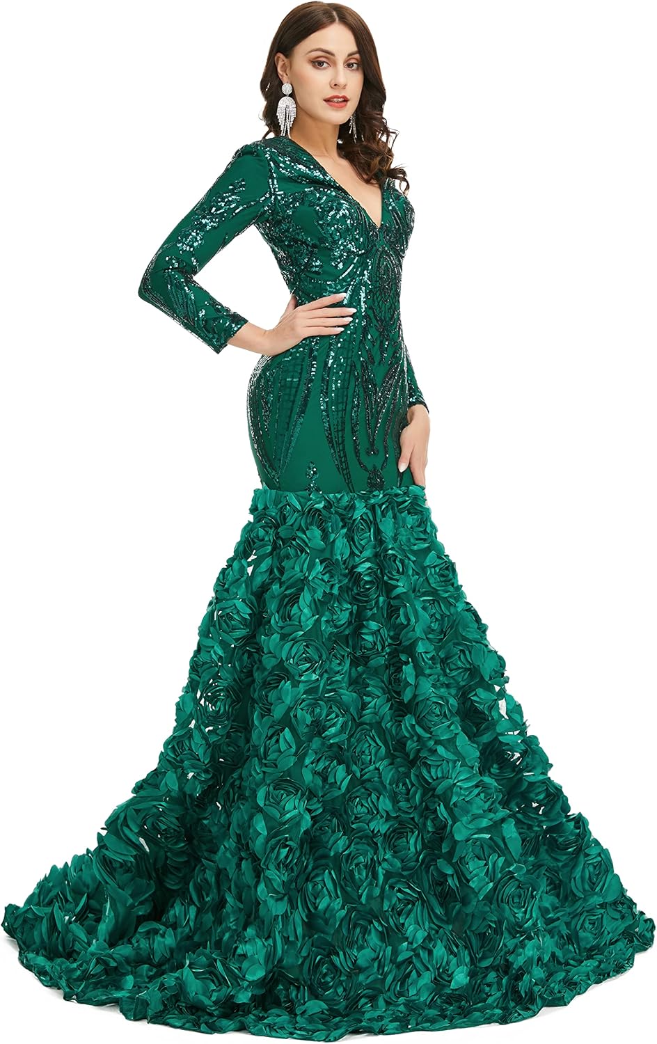 Women's Long Sleeves V-Neck Rose Sequins Mermaid Evening Dress