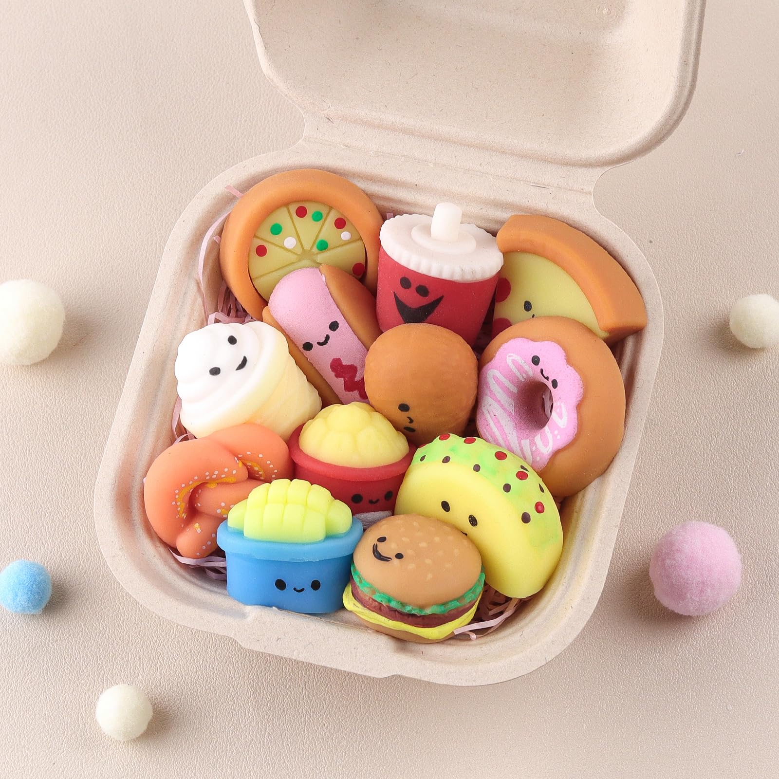 ANBOOR mini zabawki do fast foodów – 12 szt. miękkich zabawek Kawaii do walki ze stresem dla dzieci, mini zabawki typu junk food, na prezenty imprezowe i wypełnienia torby na gadżety