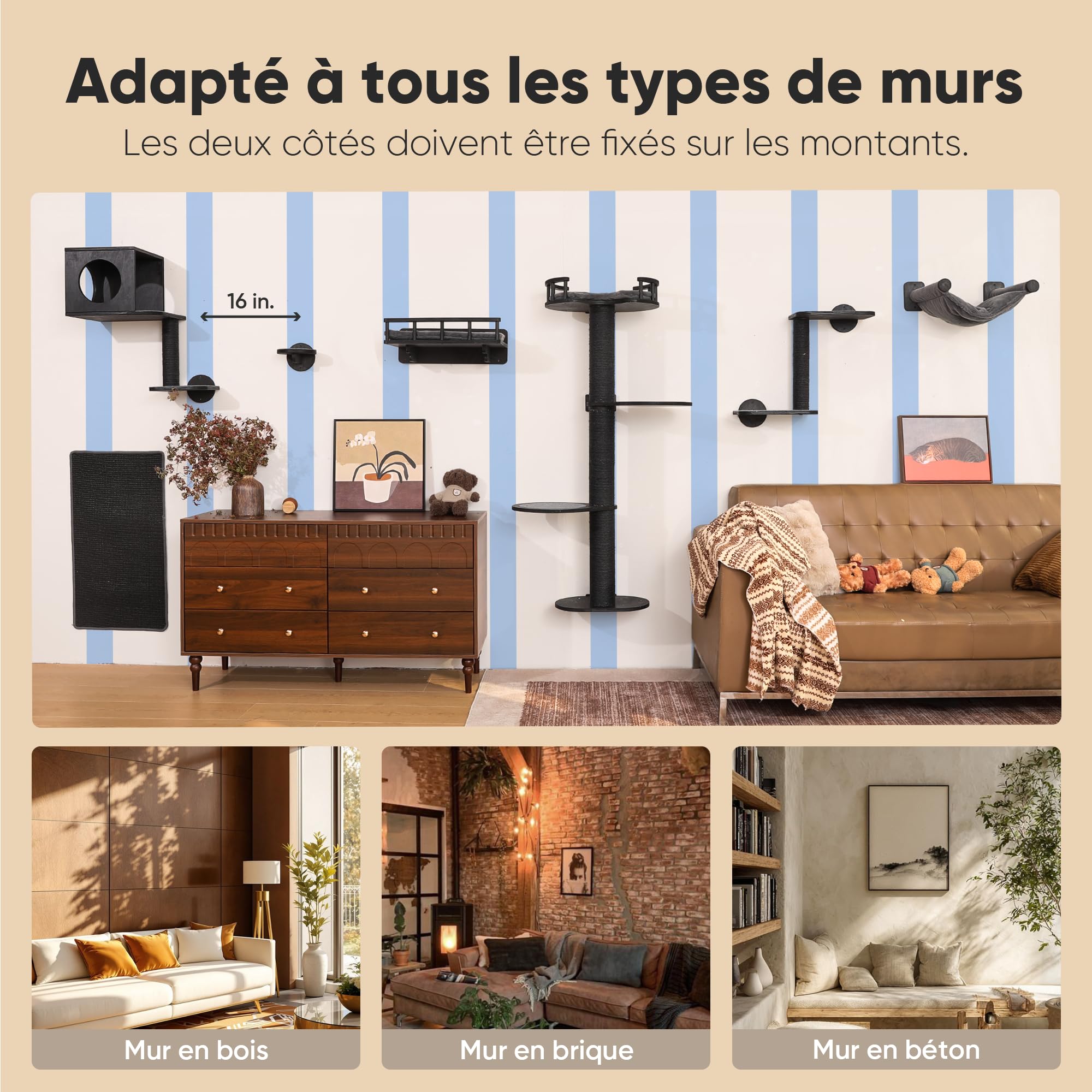 FUKUMARU Étagères Murales pour Chat, Ensemble 4 en 1 de Mobilier Mural Stable en Bois, Arbre à Grimper avec Hamac, Lit, Perchoir et Tapis à Gratter, Noir