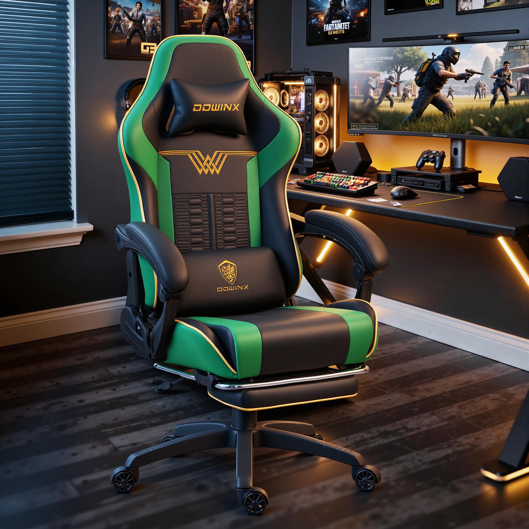 Dowinx Gaming Chair Big and Tall, 350LBS Heavy Duty PC Gaming Chair with Massage & Footrest, Ergonomic Reclining Gamer Chair with Embroidered Esports