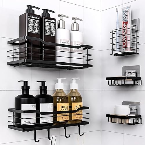 BTSD-home Organizador de baño con 4 ganchos, 2 soportes para jabón, 1 soporte para cepillo de dientes, acero inoxidable para decoración del hogar,