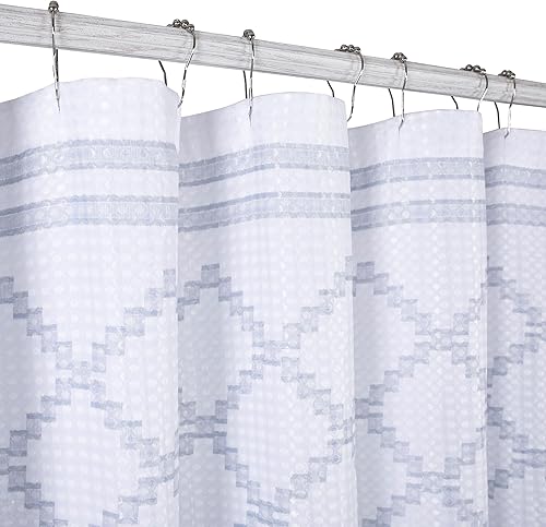 Miniatura 5 de Chlophy Cortina de ducha para baño, color blanco con patrón geométrico simple, moderno, estilo granja, impermeable, con 12 ganchos, 72 x 72 pulgadas