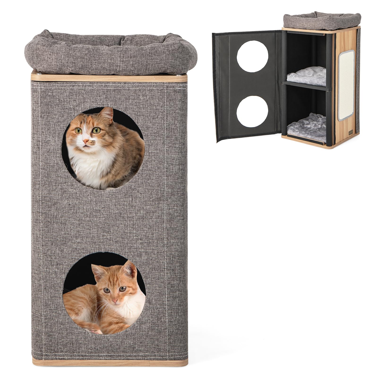 Maxmass3-Story Cat House, Wooden Kitty Condo Tower with Removable Cover & Cushions, 2 Den Areas, 2 Caves and Side Scratching Board, Kitten Litter Box Enclosure for Bedroom, Living Room, Bathroom