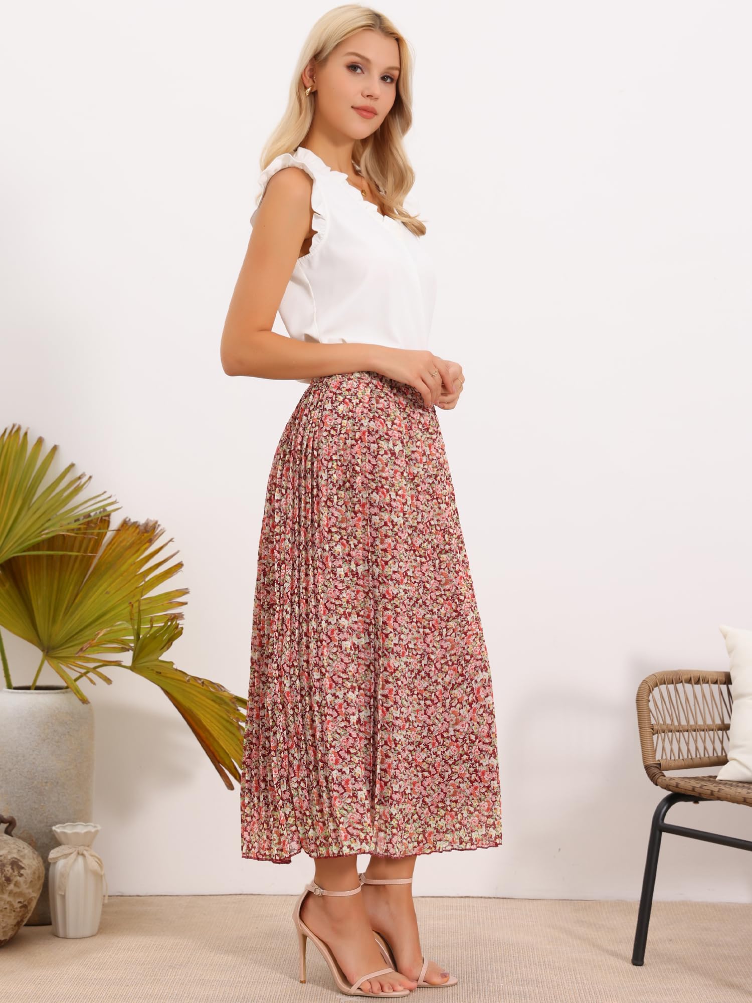 Allegra K Damen Maxirock mit Blumenmuster Faltenrock Elastischer Bund | Blumenmuster Rock A Linie Elastischer Bund Lässiger Saum Plissiert Boho Sommer Leicht