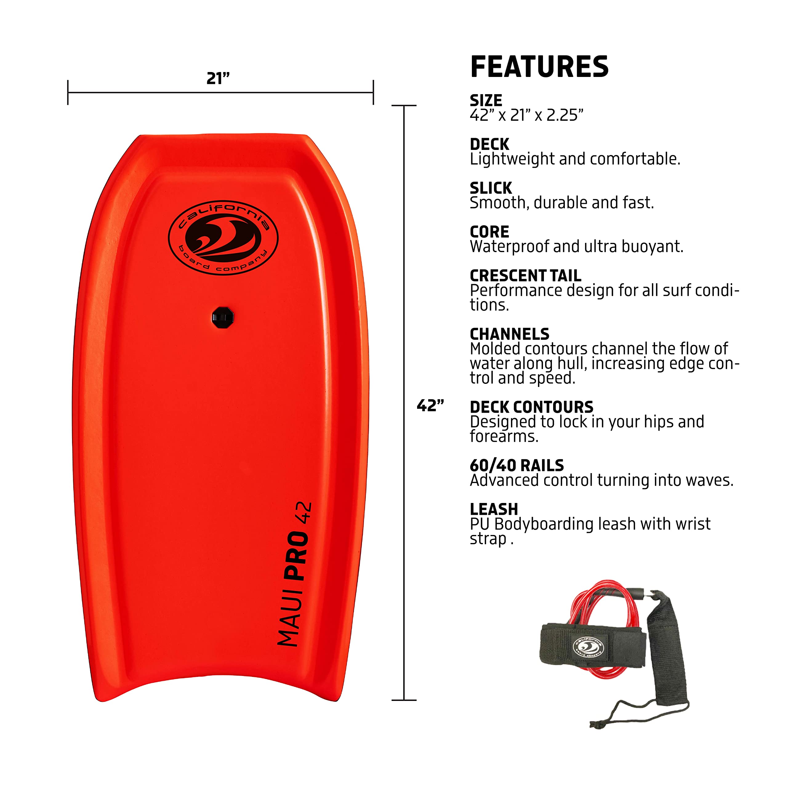 Bodyboard with Wrist Leash, Slick HDPE Bottom, Crescent Tail - Body Boards for The Beach with EPS Core Flexible PE Deck - BodyBoards for Adults, Kids, Teens - (Red)