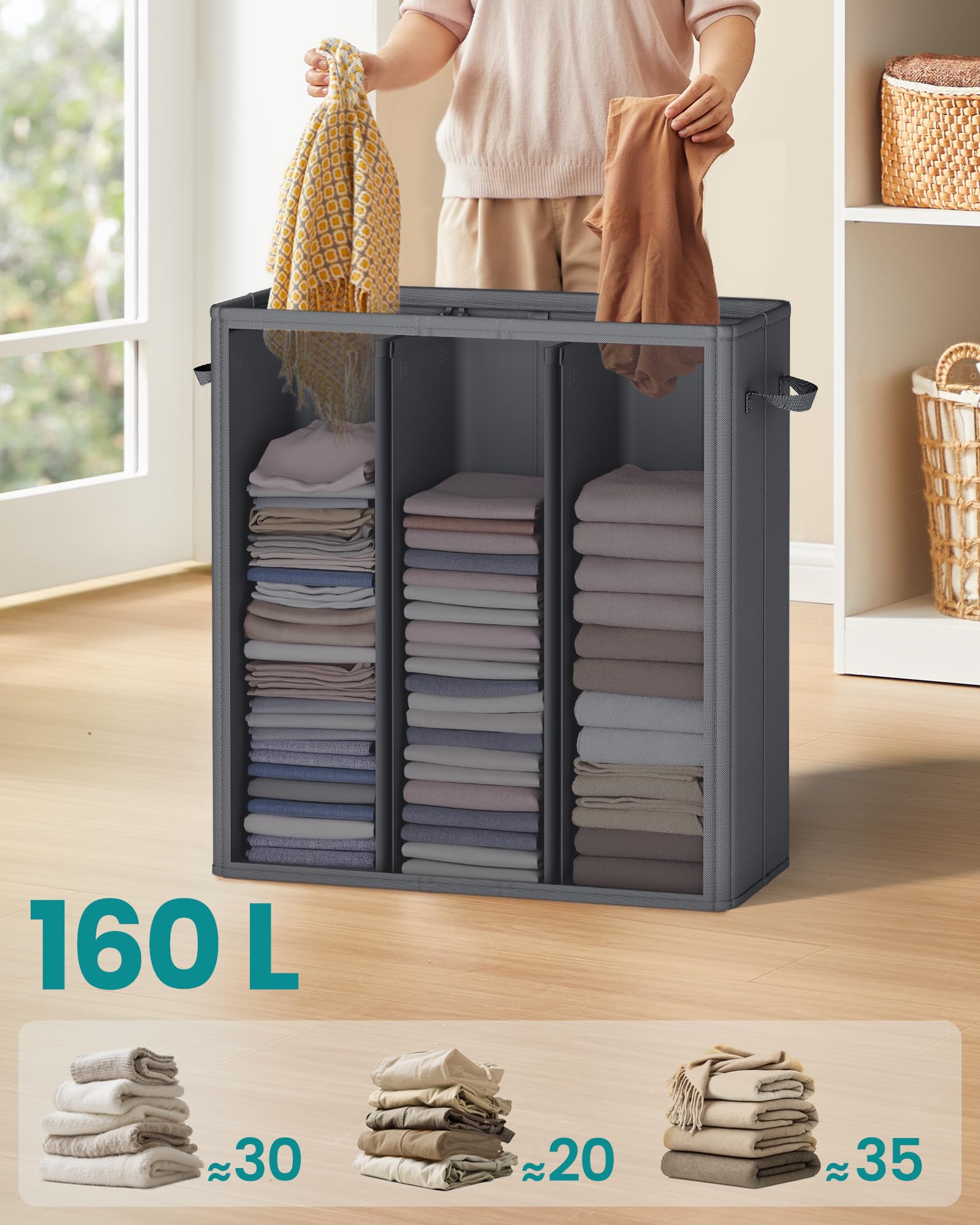 SONGMICS Kosz na pranie, 3 przegrody, 160 l, z pokrywką, 5 etykiet, wyjmowana i nadająca się do prania wewnętrzna torba, pralnia, sypialnia, ciemnoszary RLH013G01