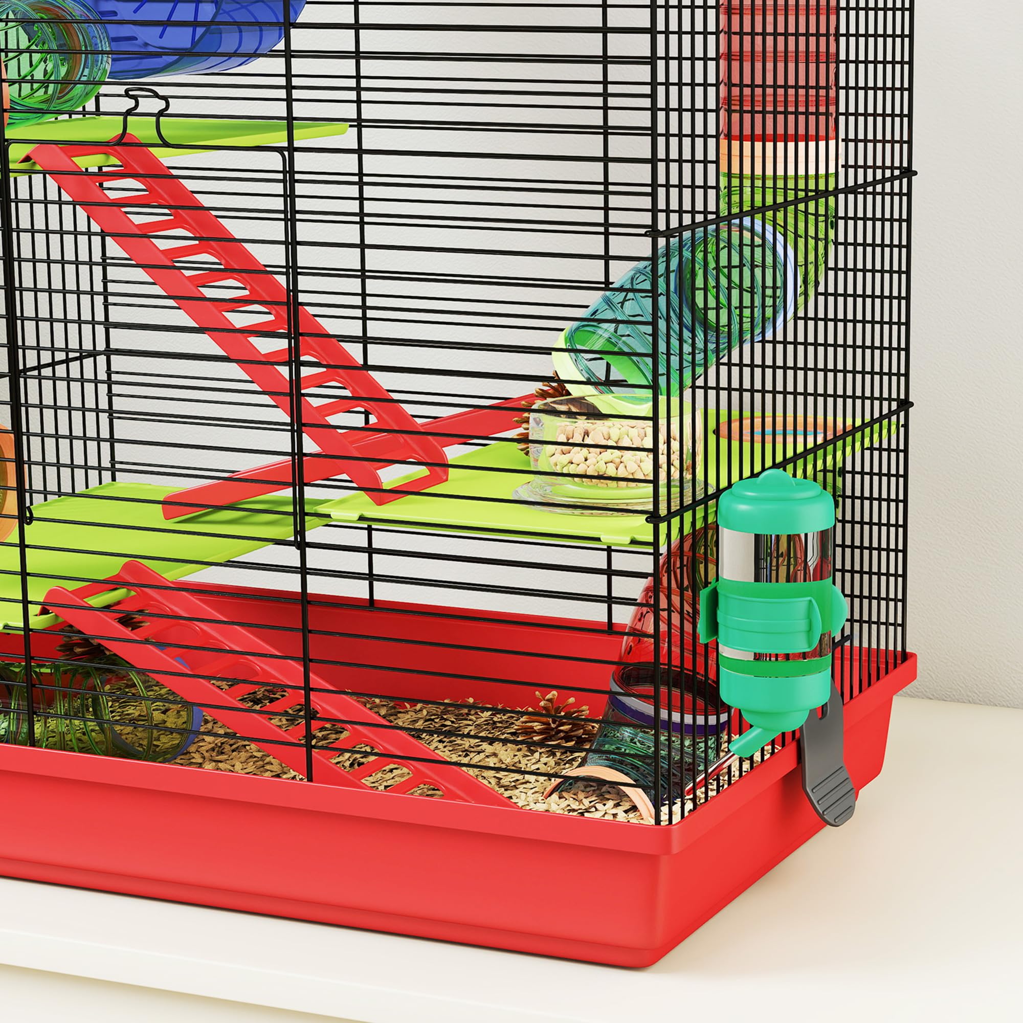 PawHut Gabbia per criceto topo piccolo animali roditore con tunnel mangiatoia ruota giocattolo 47 x 30 x 59 cm, rosso