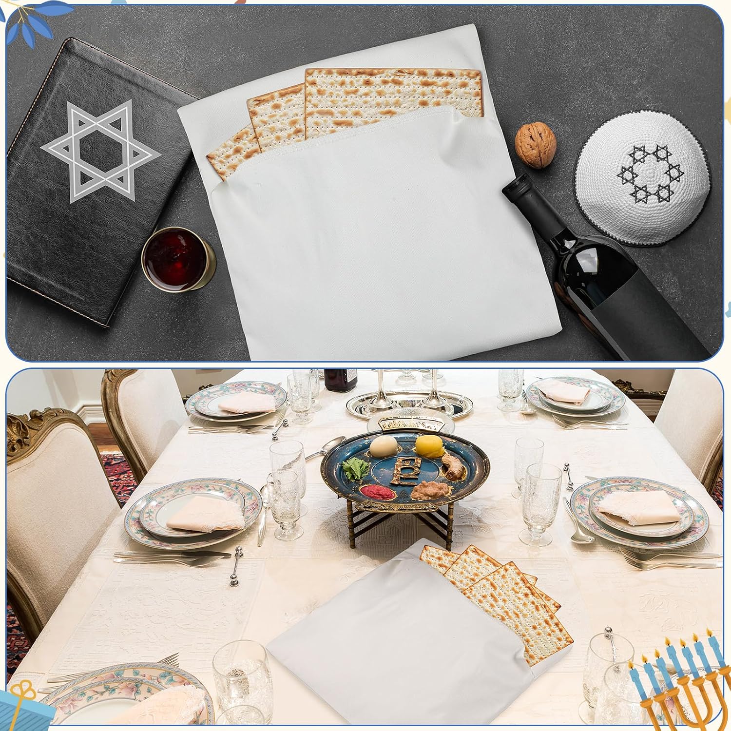 2 Pcs Passover Afikoman Bags, Silver Passover Seder Afikomen Holder Elegant Matzah and Afikomen Cover Bags Afikoman In Hebrew and English for Pesach Jewish Holiday Party Decor Gifts