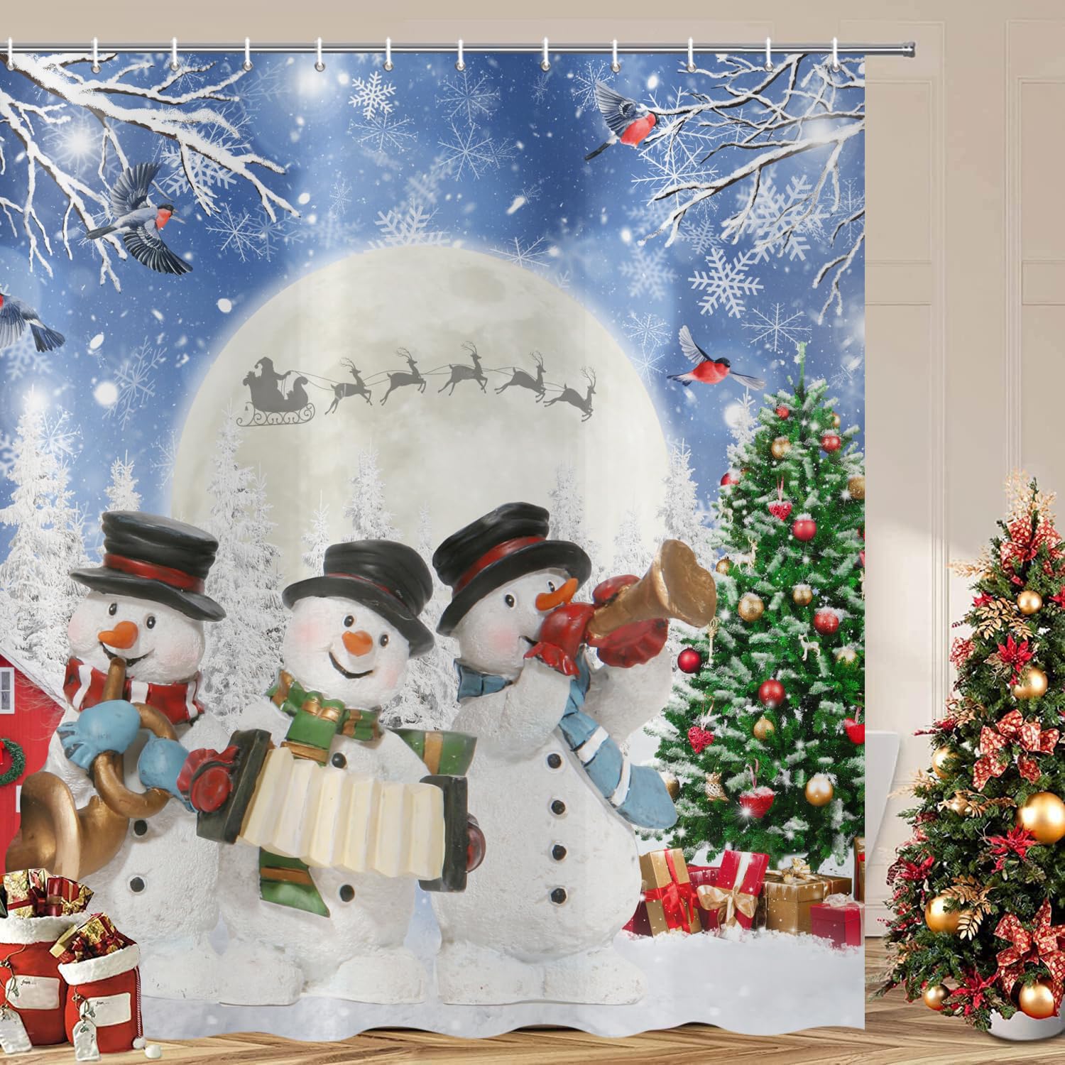 ASDCXZ Christmas Shower Curtain 240x180 cm, Winter Moon Cute Snowman Christmas Tree Bird Blue Washable Bathroom Shower Curtains Polyester Textile Waterproof Shower Curtain for Bathtub with 16 Hooks