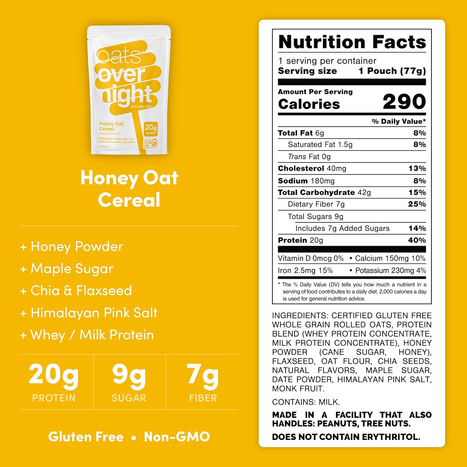 Oats Overnight Honey Oat Cereal - Overnight Oats with 20g Whey Protein, High Fiber Breakfast Protein Shake - Gluten Free Oatmeal, Non GMO High Protein Oatmeal (2.7 oz per Meal) (8 Pack)